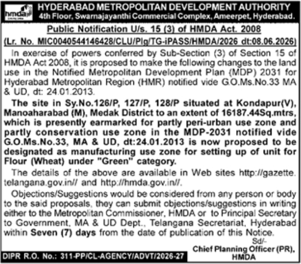 Public Notification: Proposed Change of Land Use under HMDA Act, 2008