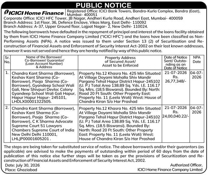Public Substituted Service Default Notice by ICICI Home Finance
