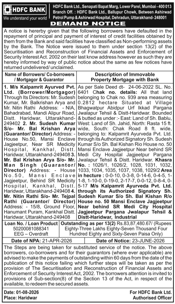 Public Substitution Demand Notice by HDFC Bank Limited
