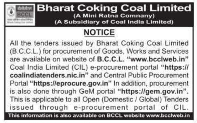 Public Tender Procurement Notice by Bharat Coking Coal Limited