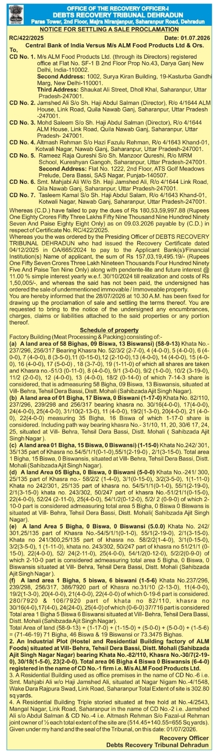 Publication Notice: Sale Proclamation by Debts Recovery Tribunal Dehradun