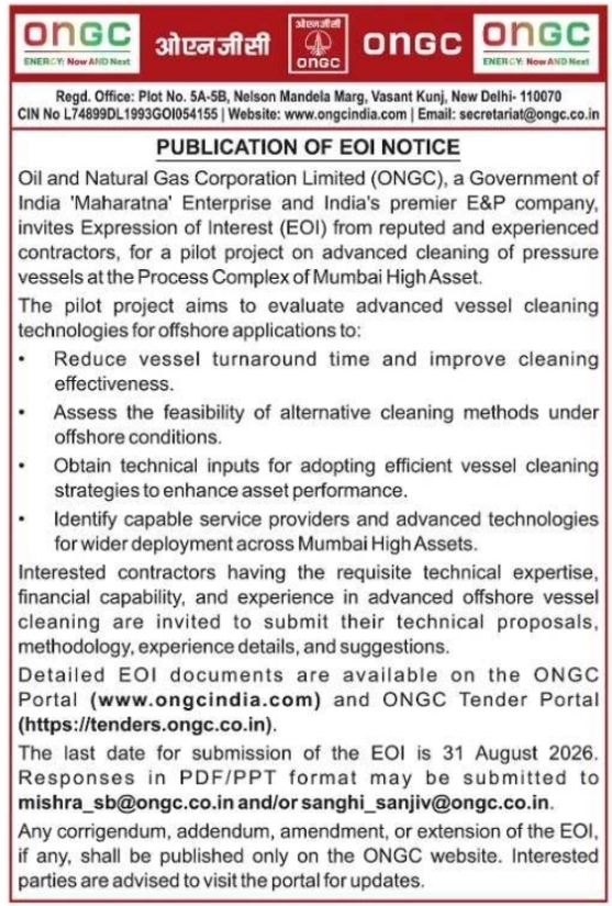 Publication of EOI Notice for Offshore Vessel Cleaning by Oil and Natural Gas Corporation Limited