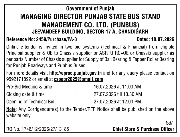PUNBUS e-Tender Notice: Ball & Taper Roller Bearings Supply