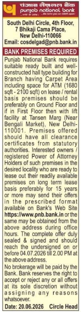 Punjab National Bank Tansen Marg Premises Requirement