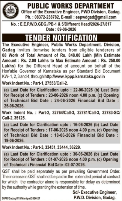 PWD Gadag Multi-Work Tender Notification