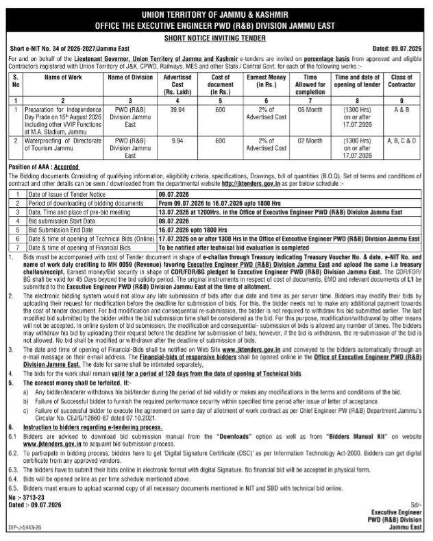PWD Jammu East e-Tender: Independence Day Parade & Waterproofing Works