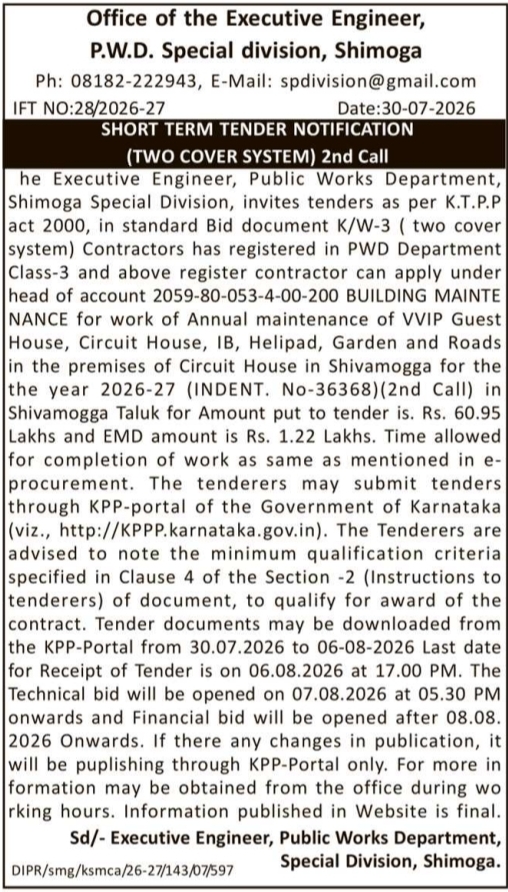 P.W.D. Special Division Shimoga Short Term Tender for Building Maintenance