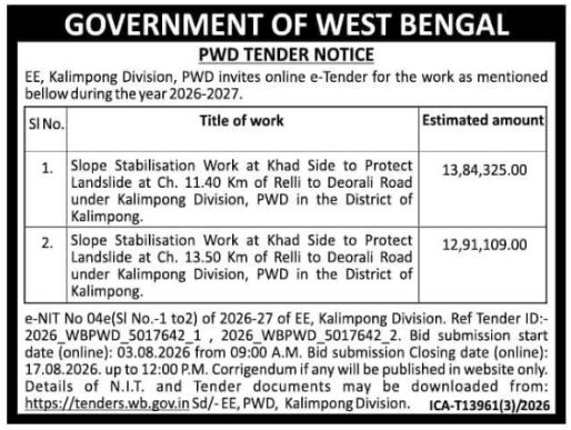 PWD Tender Notice for Landslide Protection Works in Kalimpong