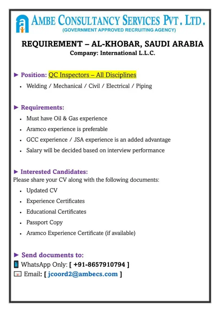 QC INSPECTOR JOBS IN SAUDI ARABIA - URGENTLY HIRING