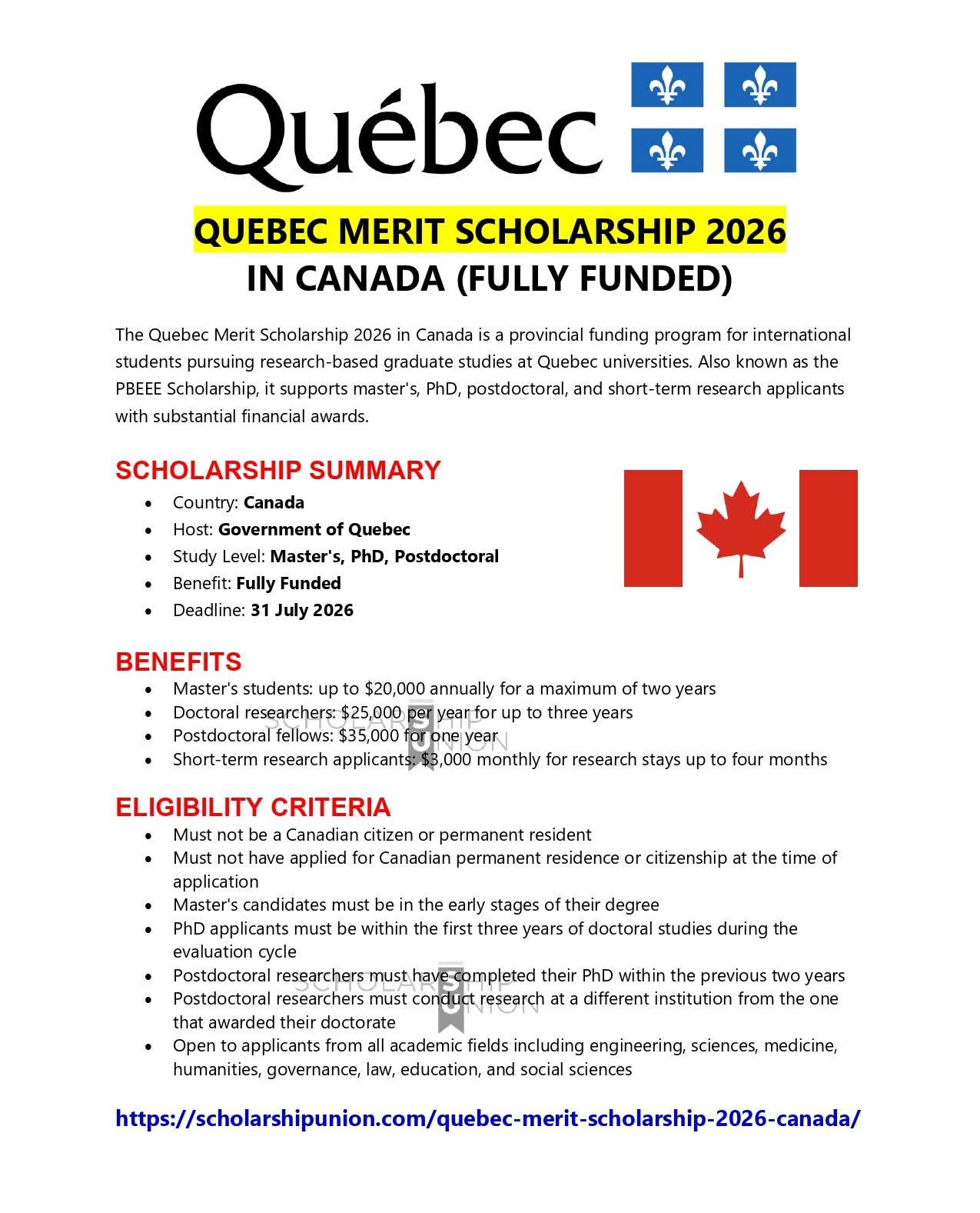 Quebec Merit Scholarship 2026 in Canada
