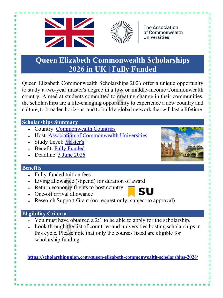 Queen Elizabeth Commonwealth Scholarships 2026 in UK