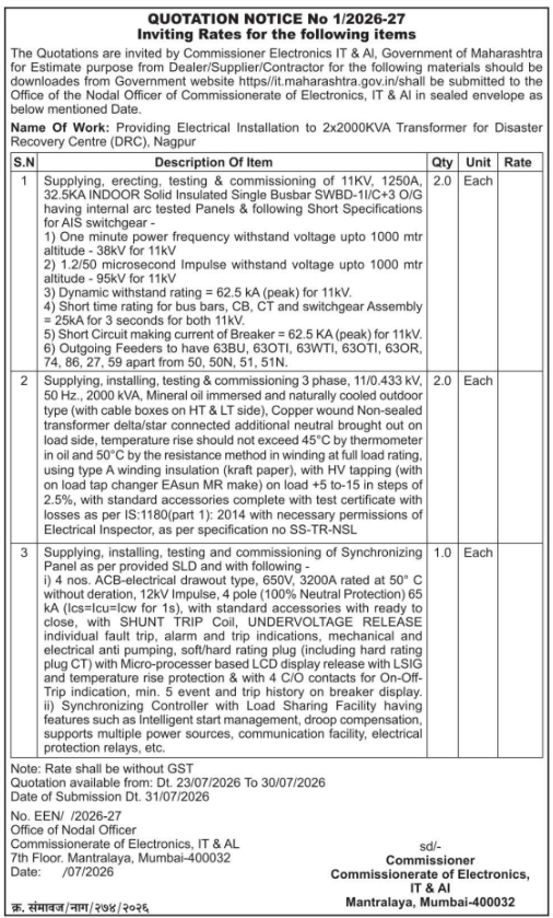 Quotation Notice: Electrical Installation Rates