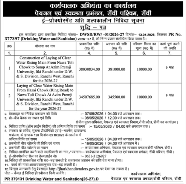 Ranchi Drinking Water and Sanitation Tender Notice: Water Main Laying Projects