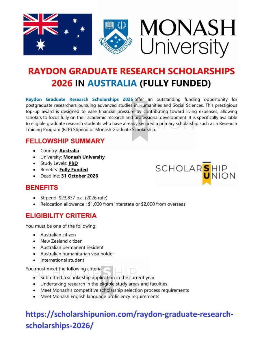 Raydon Graduate Research Scholarships 2026 in Australia