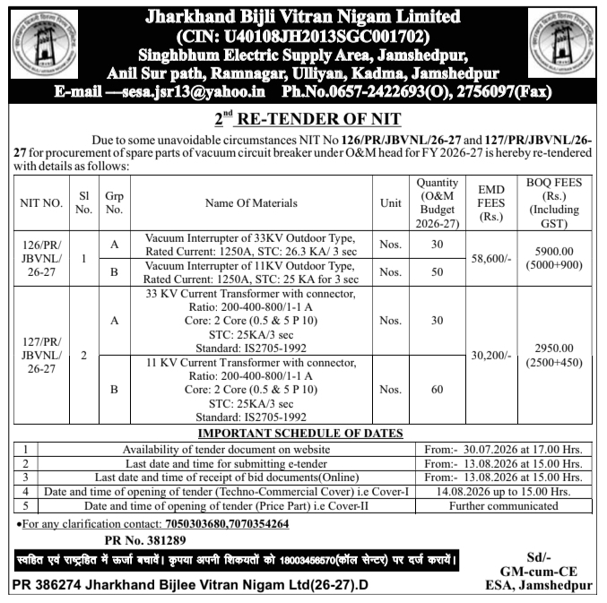 Re-Tender Notice for Electrical Infrastructure by JBVNL