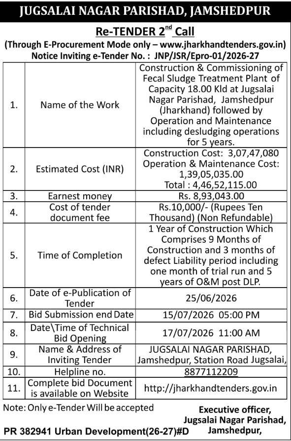 Re-Tender Notice: Jugsalai Nagar Parishad Jamshedpur