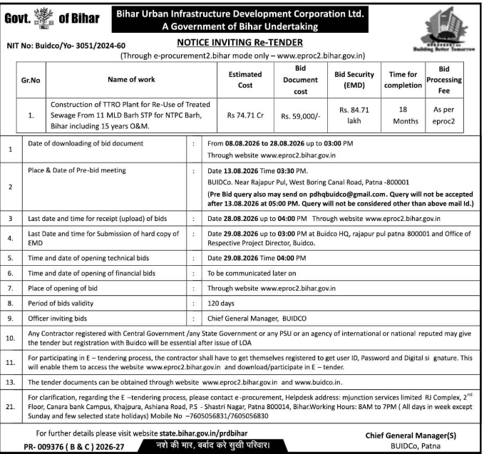 Re-Tender Notice for TTRO Plant Construction by BUIDCO Patna