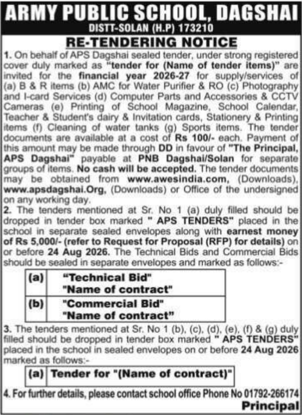 Re-Tendering Notice for Campus Materials and Services by APS Dagshai