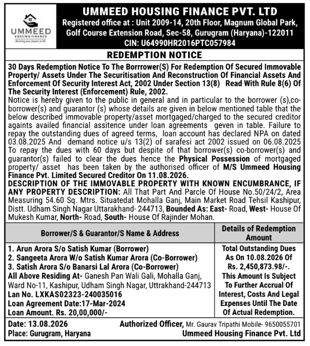 Redemption Notice to Borrowers by Ummeed Housing Finance Gurugram