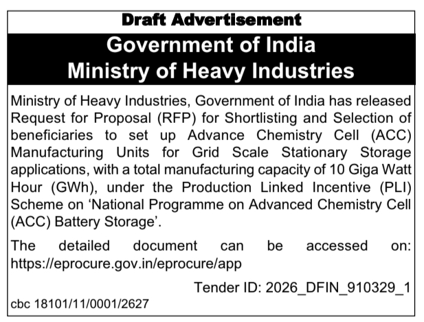 Request for Proposal: ACC Manufacturing Units Work Ministry of Heavy Industries, Government of India