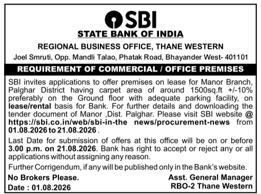 Requirement of Commercial / Office Premises for Manor Branch