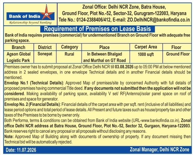 Requirement of Premises on Lease Basis