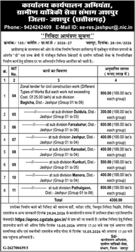 RES Jashpur: Zonal Tender for Civil Construction Works (2026-27)