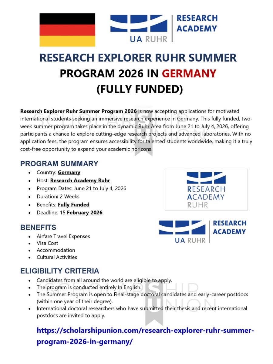 Research Explorer Ruhr Summer Program 2026 In Germany [FULLY FUNDED]