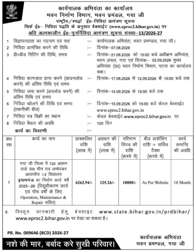 Residential School Building Construction Re-Tender by Building Construction Department, Gaya