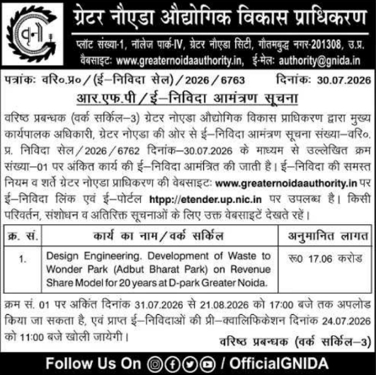 RFP E-Tender Notice for Waste to Wonder Park by Greater Noida Authority