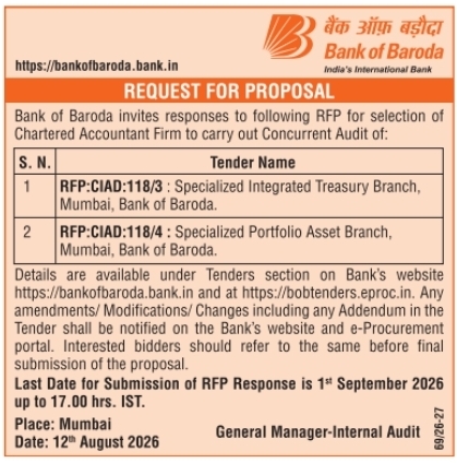 RFP for Chartered Accountant Concurrent Audit Firms by Bank of Baroda