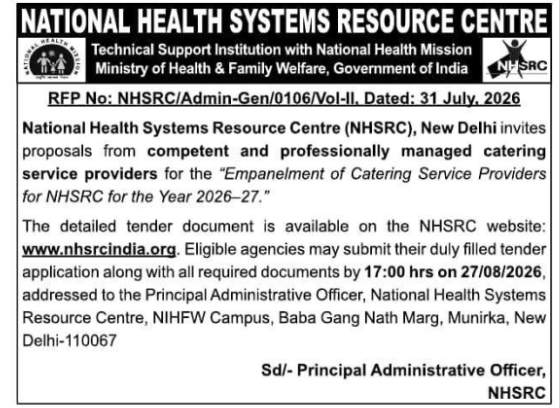 RFP for Empanelment of Catering Service Providers by NHSRC