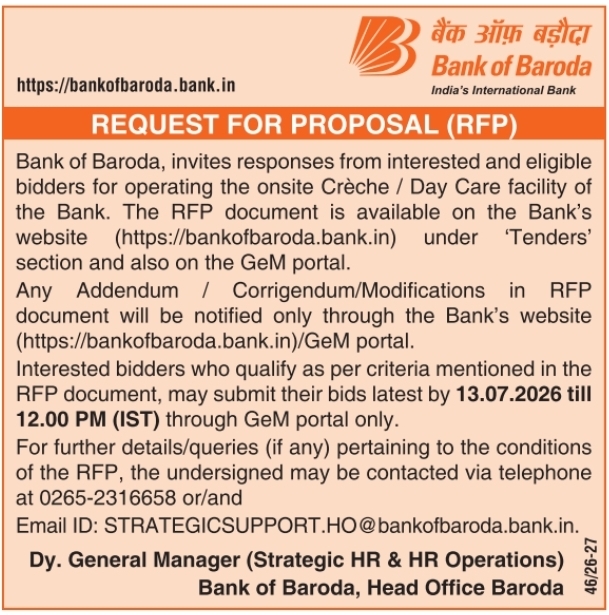 RFP Notice: Bank of Baroda Day Care Facility
