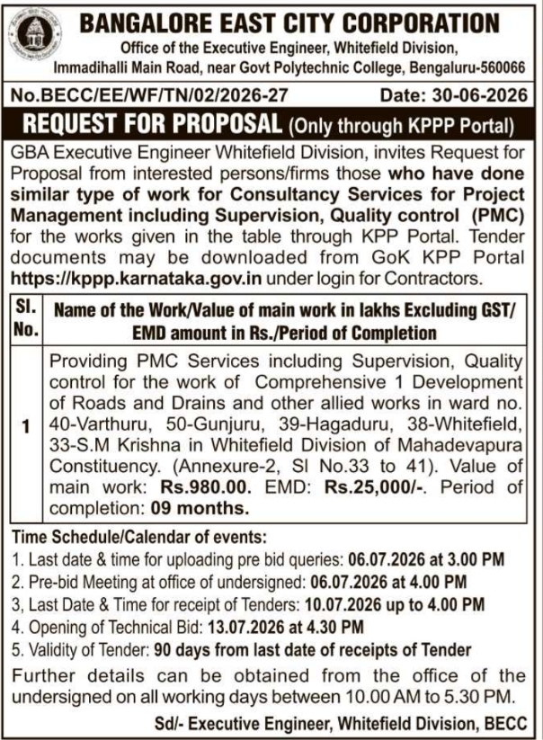 RFP Notice: Consultancy Services for Road & Drain Works at Bangalore East City Corporation