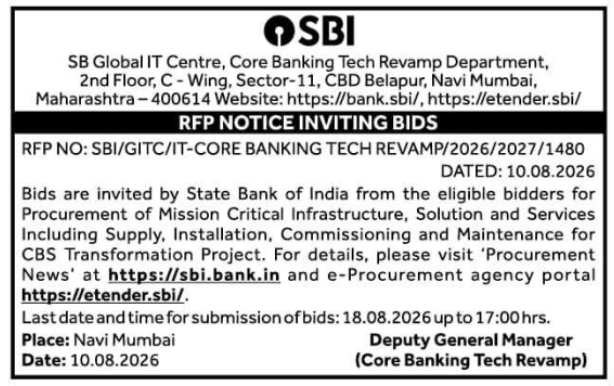 RFP Notice Inviting Bids for Core Banking Infrastructure by SBI