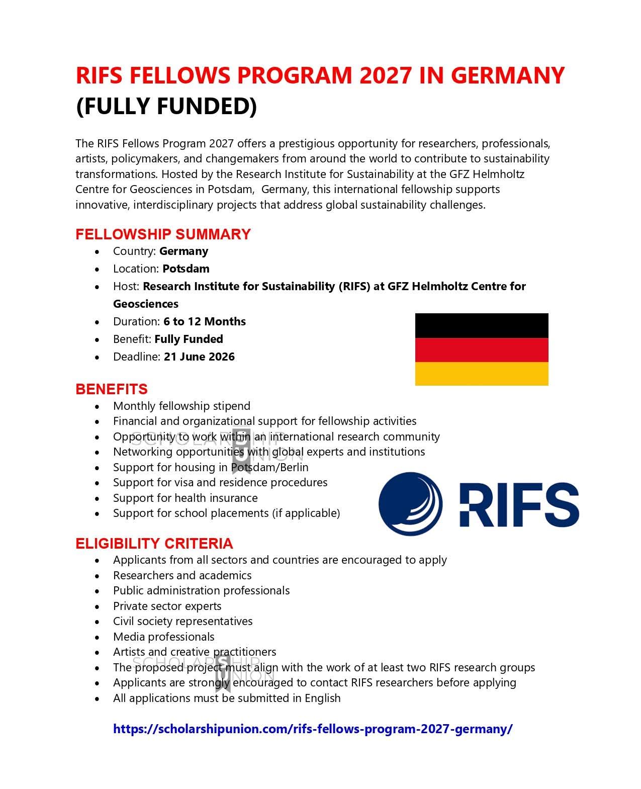 RIFS Fellows Program 2027 in Potsdam,Germany