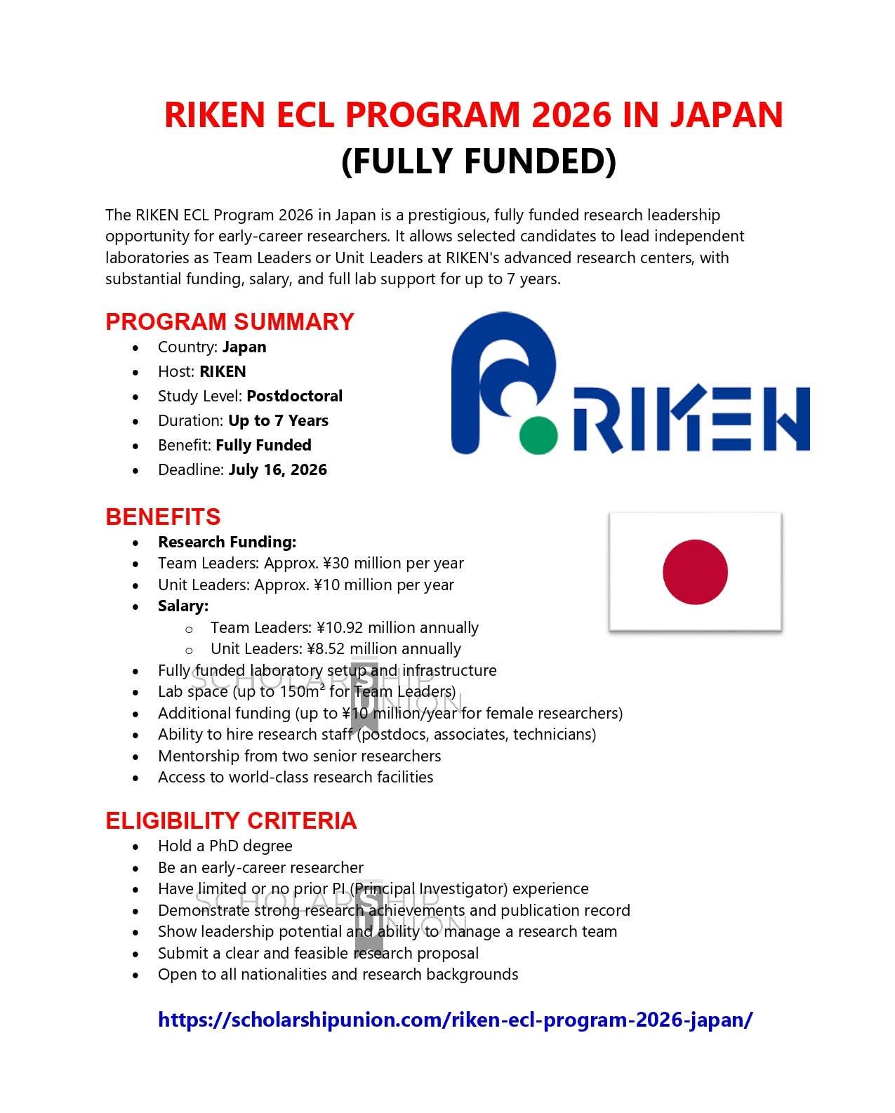 RIKEN ECL Program 2026 in Japan