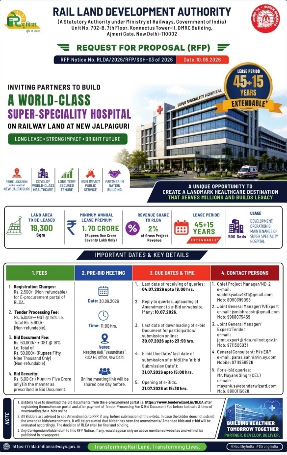 RLDA RFP Notice: Development of a 500-Bed Super-Speciality Hospital at New Jalpaiguri