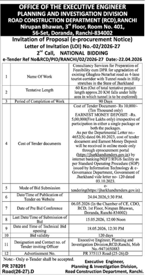 Road Construction Department E-Tender Notice: Ghaghra-Netarhat Road Project