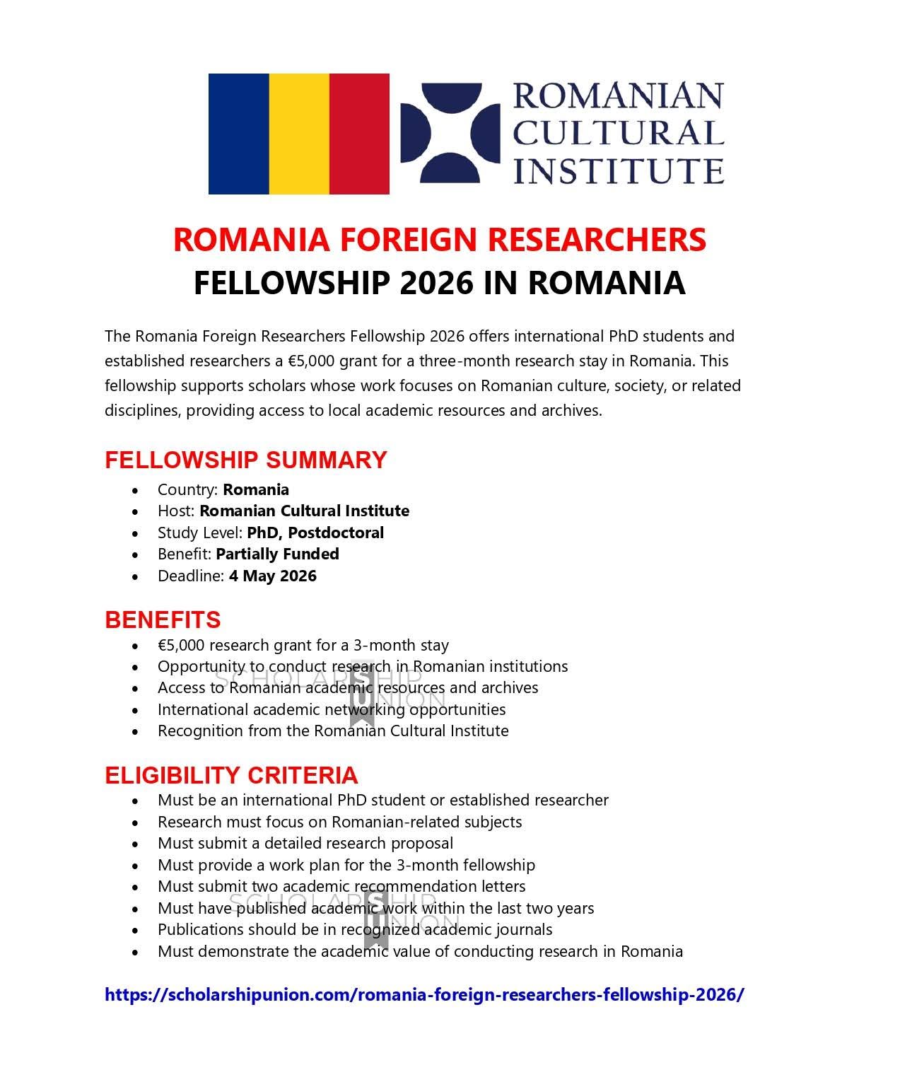 Romania Foreign Researchers Fellowship 2026 in Romania
