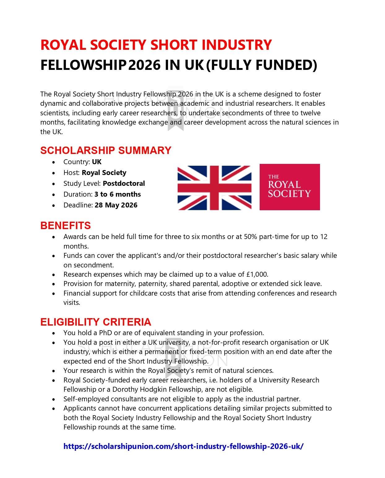 Royal Society Short Industry Fellowship 2026 in UK
