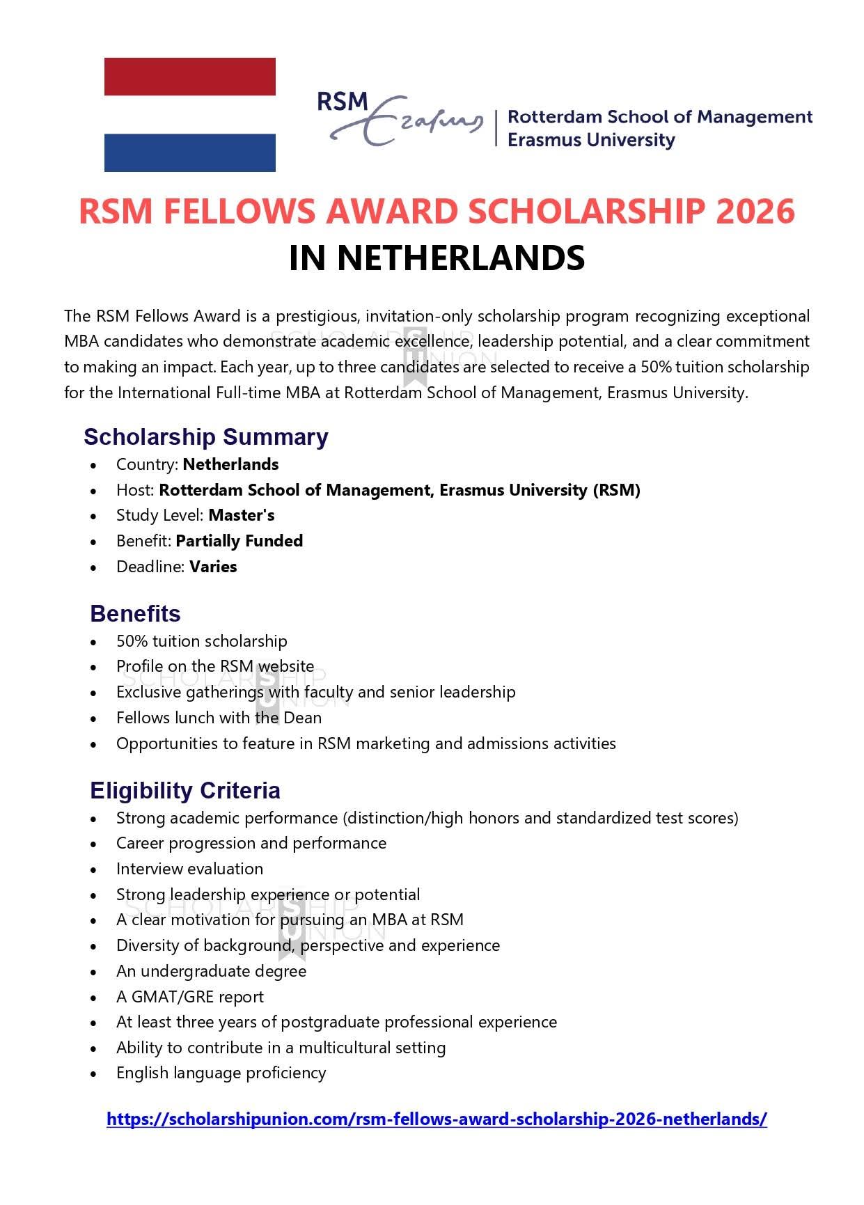 RSM Fellows Award Scholarship 2026 in Netherlands