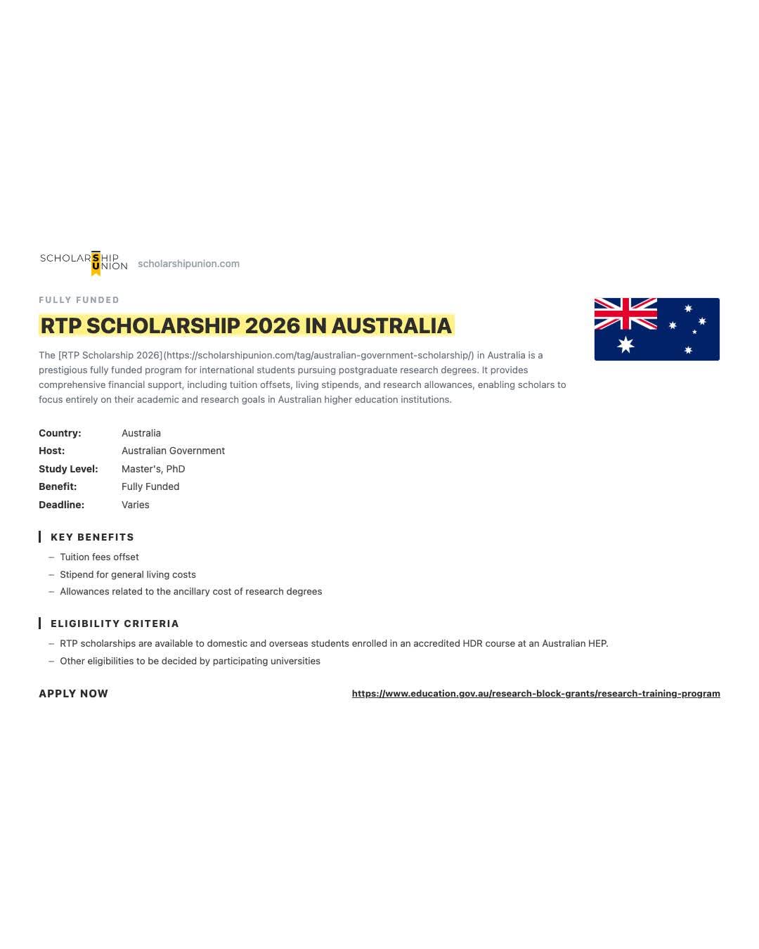 RTP Scholarship 2026 in Australia
