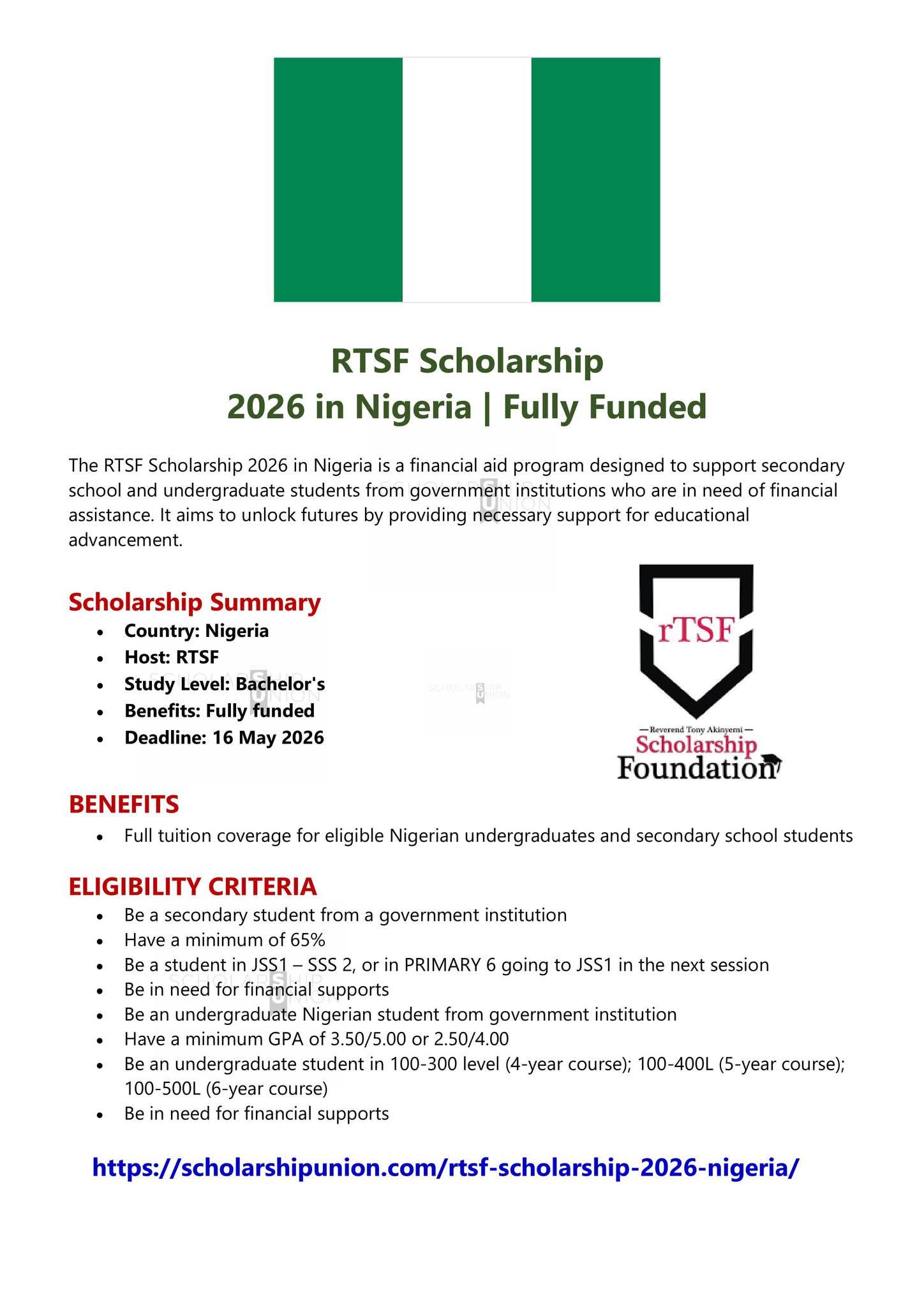 RTSF Scholarship 2026 in Nigeria