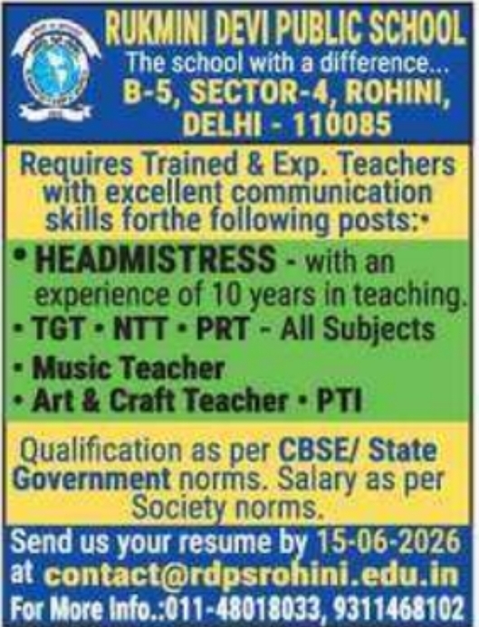 Rukmini Devi Public School: Staff Recruitment 2026