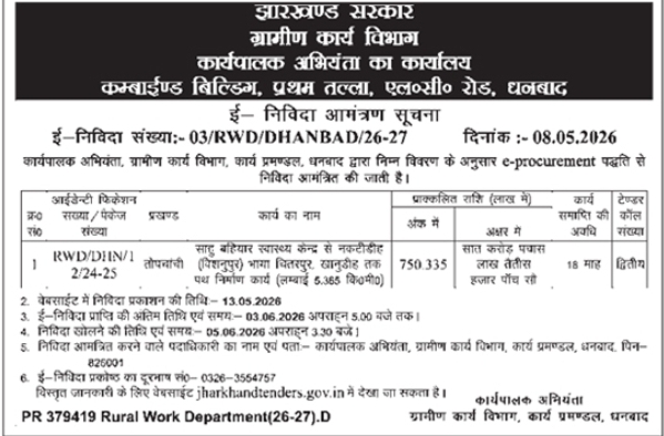 Rural Works Department E-Tender Notice: Dhanbad Project