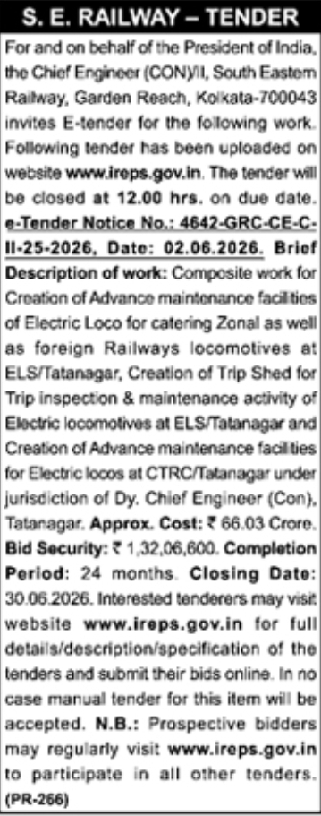 S. E. Railway: E-Tender for Electric Loco Facilities