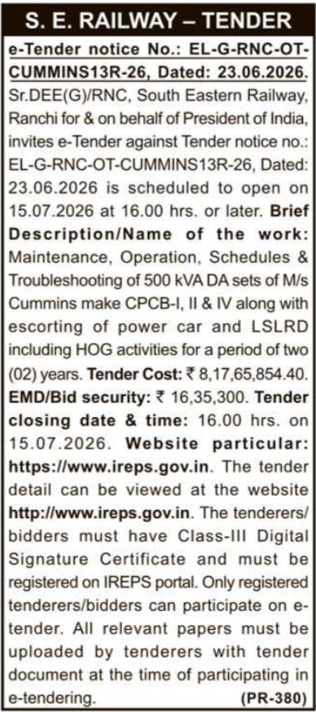 S. E. Railway e-Tender: Maintenance of 500 kVA Cummins DA Sets and Power Car Escorting