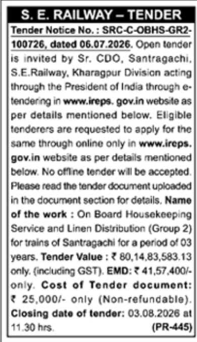 S. E. Railway – Tender: On Board Housekeeping Service and Linen Distribution