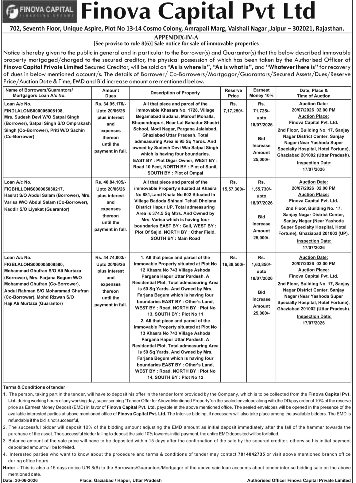 Sale Notice: Immovable Property Auction by Finova Capital Pvt Ltd